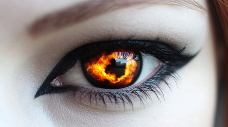 This captivating close-up features a mesmerizing eye with fiery effects, conveying deep emotion and intensity. The artistic makeup enhances its beauty and depth.の素材