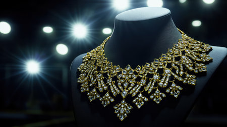 A stunning gold necklace adorned with sparkling diamonds is elegantly displayed on a mannequin. The piece radiates luxury under bright spotlights, showcasing exquisite craftsmanship and design. Perfect for fashion enthusiasts.の素材