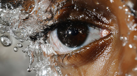 Stunning close-up of a human eye featuring exquisite water droplets that enhance its beauty and create a captivating visual experience in nature.の素材