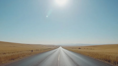 An expansive open road stretches into the horizon under bright sunlight, framed by serene landscapes and clear blue skies, inviting adventure.の素材
