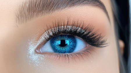 A stunning close-up of a captivating blue eye, showcasing long eyelashes and expertly applied makeup. The image highlights vibrant colors and intricate details, emphasizing beauty and expression. Perfect for beauty and fashion themes.の素材