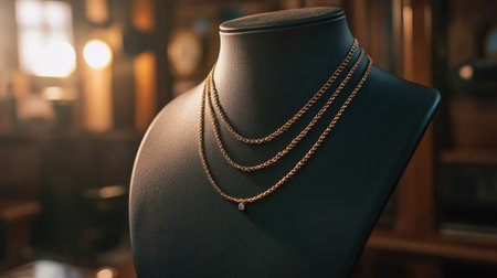 This image features an elegant arrangement of gold necklaces on a black mannequin, set in a softly lit vintage room, highlighting refined jewelry design.の素材
