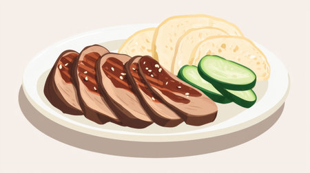 This image features beautifully sliced duck breast glazed with hoisin sauce, accompanied by fresh cucumbers and served on a stylish white plate, ideal for menus.の素材