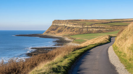 A captivating view of a winding road leading along the cliffs, bordered by green fields and overlooking a calm ocean. The clear blue sky enhances the serene landscape.の素材