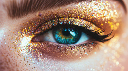 A mesmerizing close-up of a human eye featuring a vibrant blue iris adorned with sparkling gold glitter and mesmerizing makeup, showcasing beauty and creativity.の素材