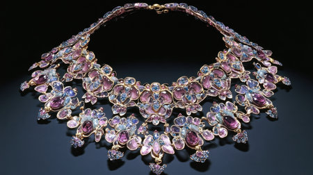 This stunning floral necklace features a captivating design adorned with vibrant pink and blue gemstones, showcasing exquisite craftsmanship and elegance.の素材