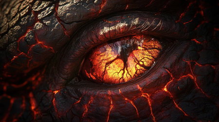 This close-up image showcases a striking eye of a mysterious creature, featuring vibrant orange patterns and cracked textures, evoking a sense of power and wonder.の素材