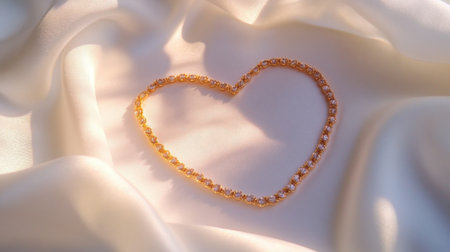 A stunning golden necklace arranged in a heart shape on soft, smooth fabric creates a romantic and elegant backdrop perfect for jewelry displays.の素材