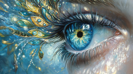 A mesmerizing close-up of a stunning eye, adorned with sparkling elements that create a magical and surreal atmosphere, showcasing vivid colors and intricate details.の素材