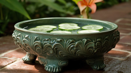 This serene image features a decorative ceramic bowl filled with water and floating cucumber slices, set in a lush garden scene.の素材