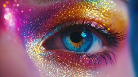 This stunning close-up captures an eye adorned with vibrant makeup and glitter. The rich colors and shine create a mesmerizing and artistic look, perfect for beauty and fashion themes.の素材