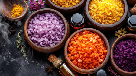 This vibrant composition showcases an assortment of colorful aromatic bath salts in wooden bowls, enhanced by essential oils and herbal accents, promoting relaxation and wellness.の素材