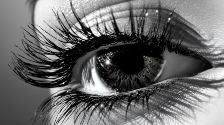 This close-up eye photograph showcases stunning eyelashes and intricate details of the iris in striking black and white, evoking beauty and elegance.の素材