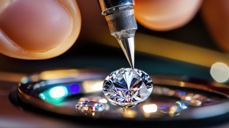 A detailed view capturing a hand using a precision tool over a sparkling diamond placed on a magnifying glass. The image showcases luxury craftsmanship and intricate design elements, ideal for highlighting precision in gemology.の素材
