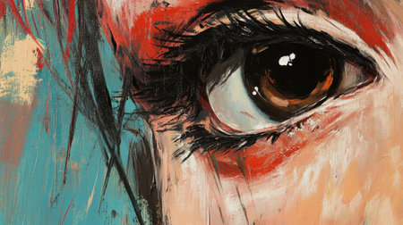This captivating close-up of an eye features vibrant colors and abstract elements, showcasing artistic techniques and deep emotional expression.の素材