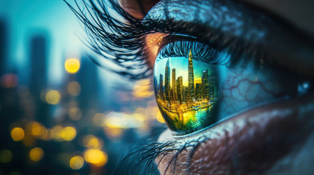 A mesmerizing close-up of an eye reveals a stunning city skyline reflected in the iris, symbolizing the intersection of human perception and urban life.の素材