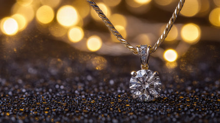 A stunning diamond pendant necklace showcases exquisite craftsmanship, sparkling beautifully against a soft golden backdrop, perfect for any elegant occasion.の素材