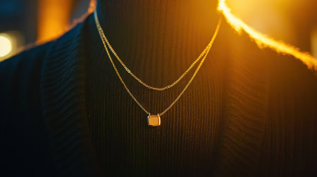 This image showcases an elegant layered necklace featuring a minimalist pendant, beautifully illuminated by warm ambient lighting, perfect for fashion enthusiasts.の素材