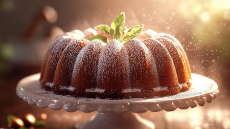 A beautifully styled bundt cake garnished with powdered sugar and fresh mint leaves, presented on an elegant cake stand in soft, natural light.の素材
