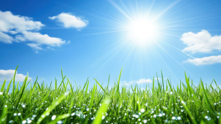 Experience the beauty of nature on a bright sunny day. The vibrant green grass stretches under a clear blue sky, dotted with soft clouds. This tranquil landscape captures the essence of summer peace, inviting moments of reflection and relaxation in a serene outdoor setting.の素材