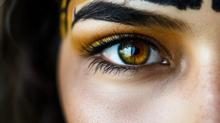 A stunning close-up of a brown eye adorned with vibrant eye makeup and artistic face painting, showcasing beauty and creative expression in female portraiture.の素材