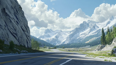 A breathtaking landscape featuring majestic mountains and vibrant skies alongside a tranquil highway. Perfect for travel and nature enthusiasts.の素材