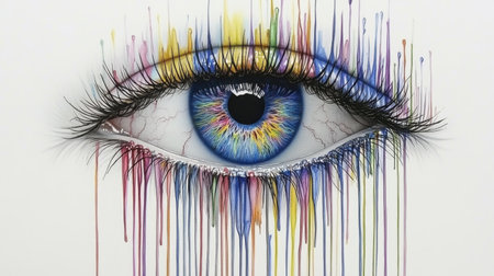 This captivating artwork features a striking blue eye with colorful drips of paint creating an artistic and vivid display, evoking emotion and creativity.の素材