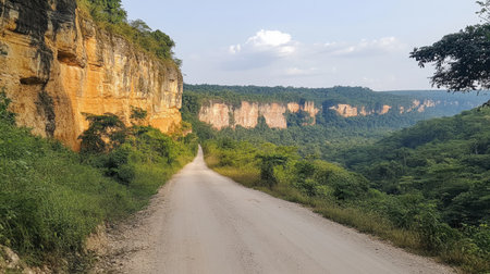A peaceful rural road meanders through a stunning landscape featuring striking cliffs and lush greenery under a bright blue sky.の素材