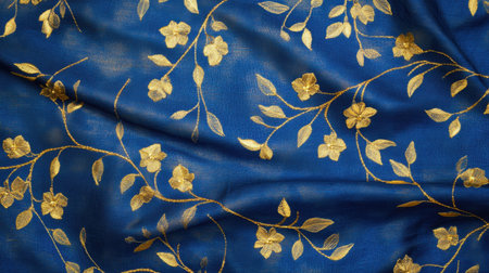 This beautiful blue fabric features intricate golden floral embroidery, perfect for fashion, home decor, or creative projects. The vibrant colors and elegant pattern make it ideal for adding a touch of luxury to any design.の素材