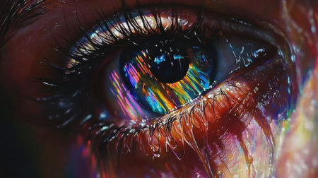 This striking close-up captures a vibrant eye reflecting a spectrum of colors, revealing intricate details and emotional depth. The wet surface enhances the visual richness.の素材