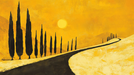 A stunning artistic depiction of a winding road lined with cypress trees under an orange sunset sky, evoking feelings of tranquility and beauty.の素材
