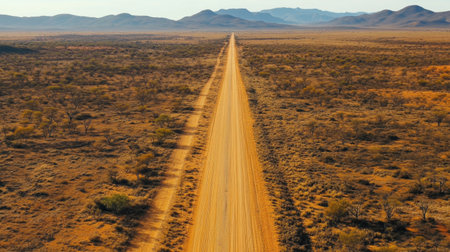 A picturesque view of a long, straight dirt road winding through a vast desert landscape, framed by rolling mountains and a clear sky, inviting adventure.の素材