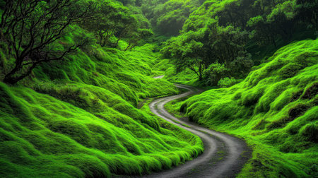 Explore a serene winding path that meanders through vibrant green hills bathed in soft sunlight, creating a tranquil escape into nature's beauty.の素材