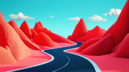 A captivating surreal landscape featuring vibrant red mountains and a winding black road set against a bright blue sky with fluffy clouds. Ideal for creative projects.の素材