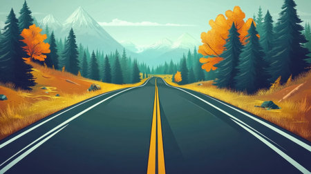A picturesque view of a winding road surrounded by stunning autumn foliage and majestic mountains, capturing the essence of nature's beauty during fall.の素材
