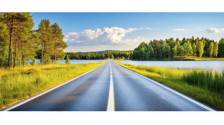 This image captures a peaceful road curving through lush greenery and a serene lake, perfect for travel and adventure themes in nature photography.の素材