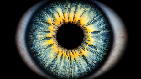 This striking macro photo captures a human eye showcasing vibrant colors and intricate patterns, set against a dark background, emphasizing beauty and detail.の素材