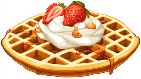 This vibrant illustration features a delicious waffle topped with fresh strawberries and a dollop of whipped cream, all drizzled with sweet syrup. Perfect for food lovers and breakfast enthusiasts alike.の素材