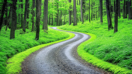 This picturesque scene showcases a curvy dirt path winding through a lush green forest, enveloped by tall trees and vibrant greenery, inviting exploration and tranquility.の素材