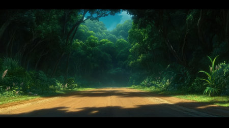 Explore a tranquil dirt path winding through a vibrant jungle, where sunlight streams through a dense canopy of green trees, creating a serene atmosphere.の素材