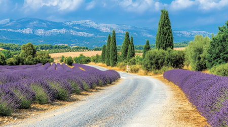 This stunning image captures a winding road through a vibrant lavender field, set against majestic mountains and a bright blue sky, showcasing summer beauty.の素材