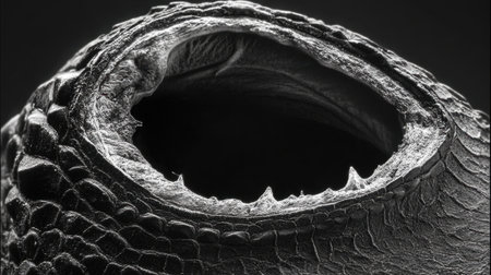This black and white macro photograph showcases the intricate texture and details of reptile skin. The close-up perspective reveals unique features, highlighting the beauty of nature.の素材