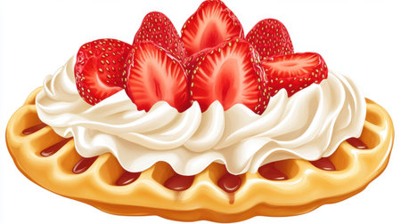 A vibrant and delicious strawberry shortcake featuring fresh strawberries atop a fluffy whipped cream topping on a golden waffle base. Perfect for summer!の素材