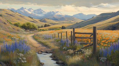 This picturesque landscape showcases rolling hills adorned with vibrant wildflowers, a gentle stream, and majestic mountain ranges under a bright blue sky.の素材