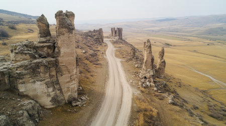 Discover an expansive aerial view showcasing rocky formations alongside a winding dirt road in a vast rural landscape bathed in soft daylight.の素材