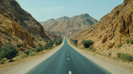 A captivating view of an empty road stretching through arid mountain landscapes, offering a sense of adventure and tranquility in nature's embrace.の素材