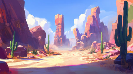 A stunning desert landscape featuring towering rock formations, vibrant saguaro cacti, and a clear blue sky, evoking a sense of tranquility and adventure.の素材