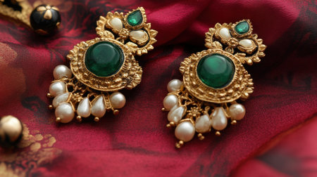 Discover a stunning vintage pair of gold earrings adorned with emerald and pearl accents, elegantly displayed on fine red fabric, perfect for any special occasion.の素材
