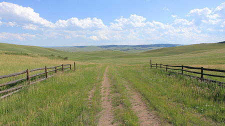 A tranquil dirt road winds through vast, lush green fields under a bright blue sky dotted with fluffy clouds, inviting a peaceful escape into nature.の素材