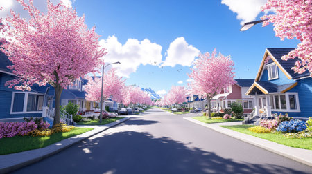 A picturesque spring neighborhood showcasing vibrant cherry blossom trees and colorful houses under a clear blue sky, creating a tranquil atmosphere.の素材